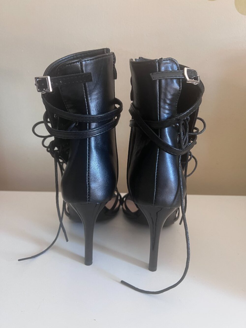 Fierce Strappy Black Leather Look Lace-Up Stilettos - 8.5 - Picture 8 of 10